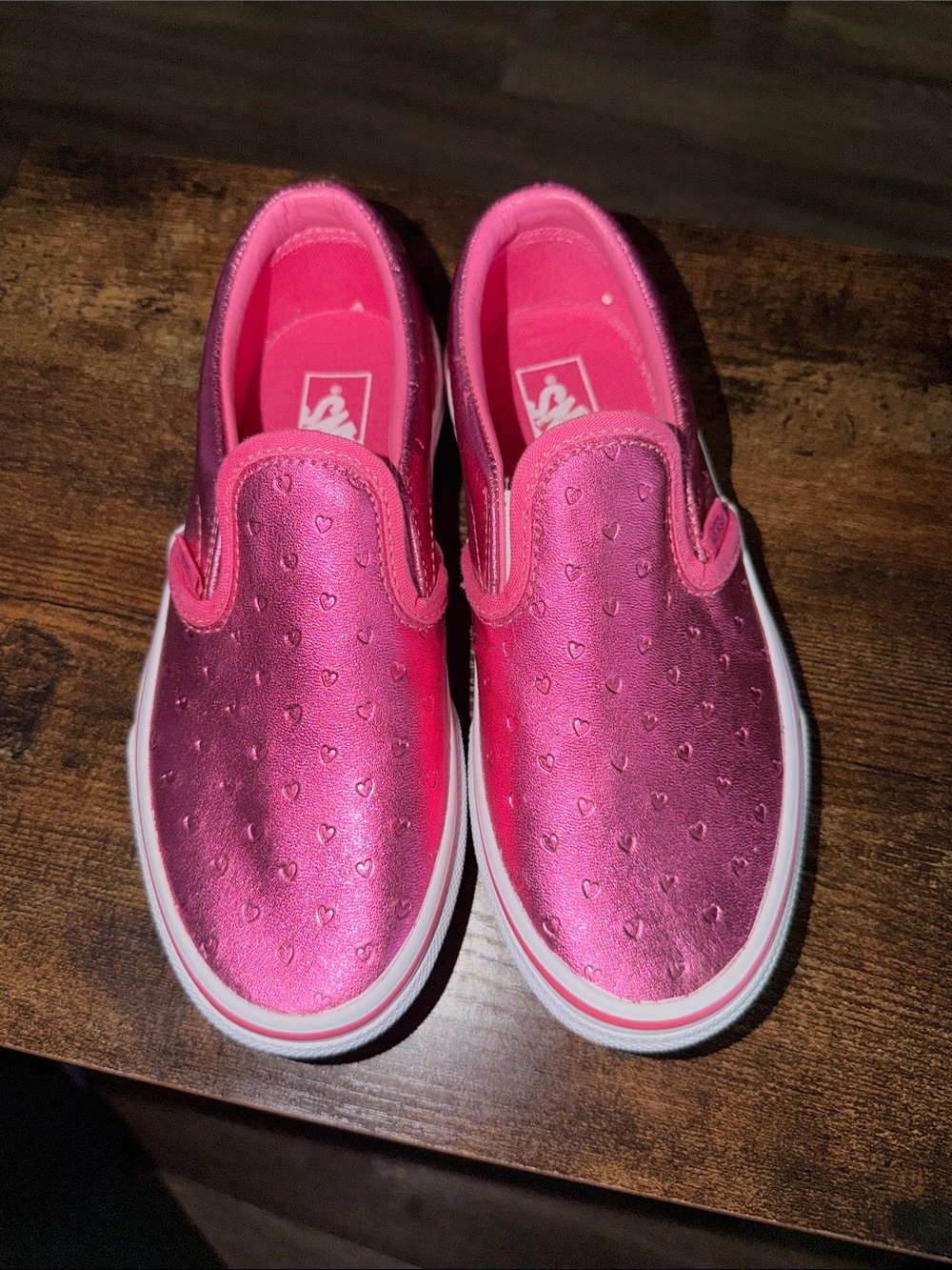 Vans Kids Metallic Pink Slip-On Sneakers with Heart Detail